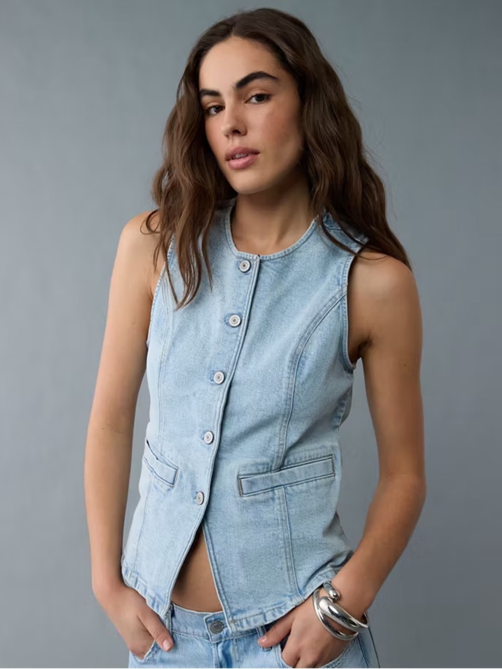 American Eagle Light Blue Denim Vest